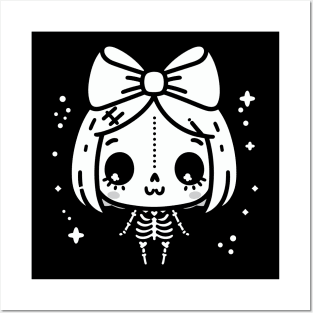 Cute Halloween Design on Skeleton Girl with a Big Bow | Cute Kawaii Ghost Posters and Art